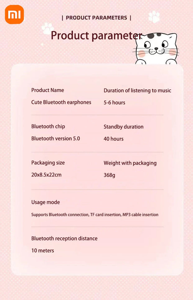 Xiaomi Wireless Headphone LED Dazzling lamp Cute Cat HIFI Stereo Music Helmet Phone Bluetooth Headset with Mic Christmas Gift