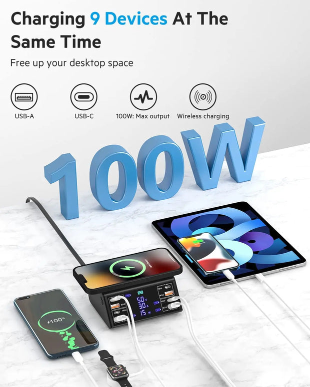 120W 8 Ports USB Charger Station With Wireless Charging Digital Display Screen QC3.0 PD3.0 Quick Charge For iPhone 15 14 Xiaomi