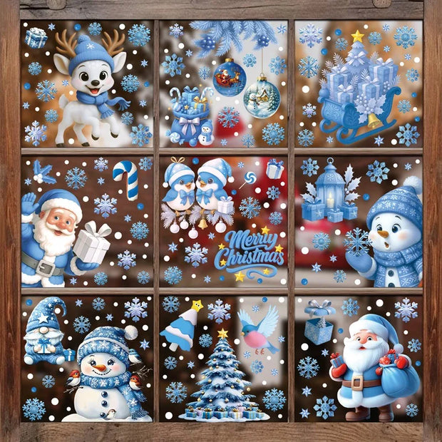 Christmas Blue Snowman Window Stickers Santa Claus Bird Snowflake Elk Ornaments Merry Christmas 2025 Happy New Year 2026