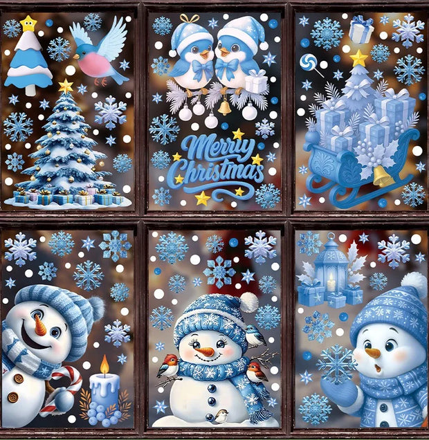 Christmas Blue Snowman Window Stickers Santa Claus Bird Snowflake Elk Ornaments Merry Christmas 2025 Happy New Year 2026