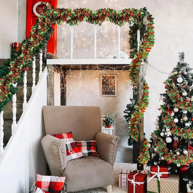 1pc Christmas Tinsel Garland Metallic Shiny Garland With LED Lights Christmas Tree Garland Thick Hanging Suitable For Home Decor