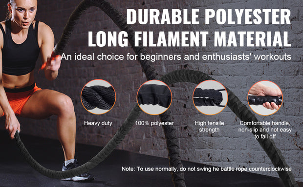 SucceBuy Battle Rope Polyester Exercise Rope Battle Exercise Equipment with Protective Sleeve and Anchor Heavy Weight Pull Rope