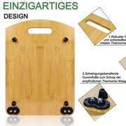 Wooden cutting board with handle and rubber feet for stability, designed for thermomix appliances.