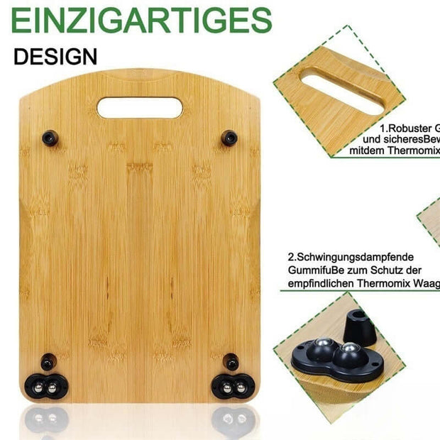 Wooden cutting board with handles and anti-slip feet, designed for stability during use.